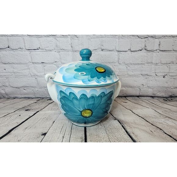 Vintage Olaria De Alcobaca Soup Tureen with Ladle With Turquoise Floral Design